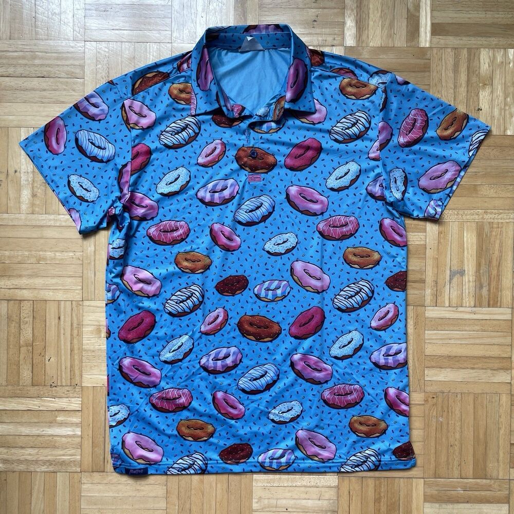 Retro Rifle Polo Shirt Men's Large Short Sleeve Blue Donuts AOP Golf Performance